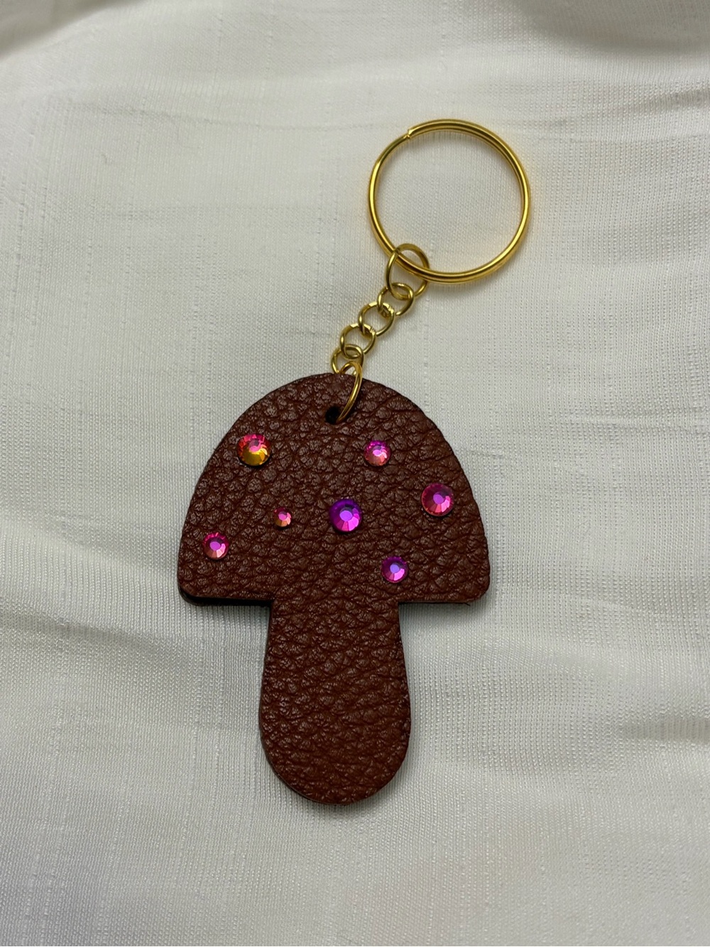 Upcycled COACH Brown Mushroom Key & Card Holder Keychain with Pink Gem Accents